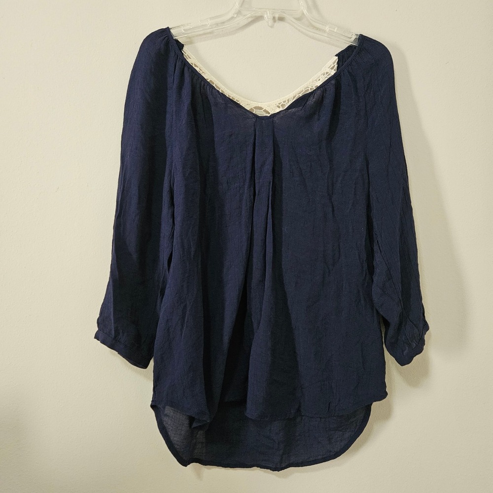 Signature Studio Navy Blue Crochet Lace Back Peasant Blouse Top Large Boho